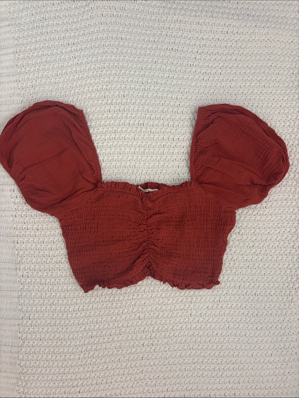 Altar’d Rust Puff-Sleeve Smocked 100% Cotton Crop Top - cottage core